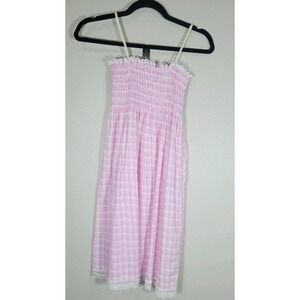 Lola Girls Pink‎ Gingham Smocked Midi Dress Lace Trim Size L USA Made